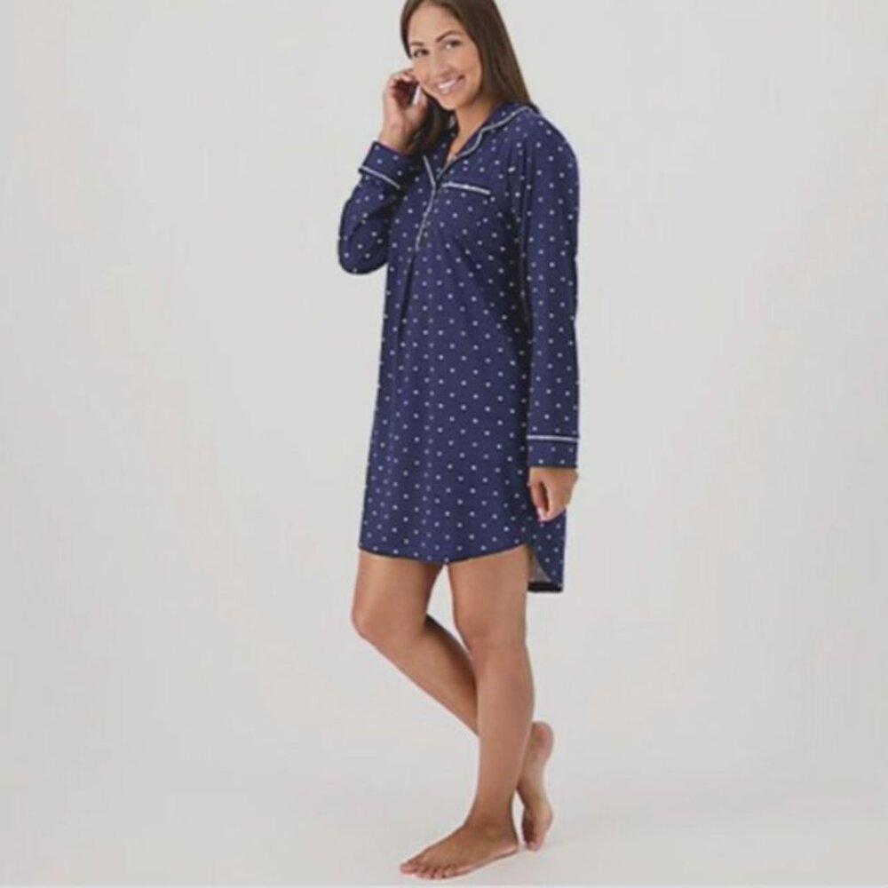 Isaac Mizrahi Live! Long Sleeve Sleep Shirt with Contrast Piping S